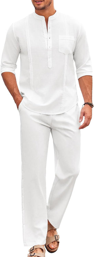 Men's 2 Piece Cotton Linen Long Sleeve Pants Sets 