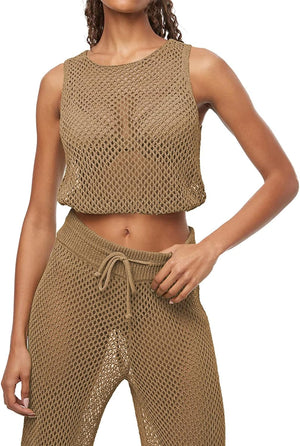 Women's Crochet Swimsuit Cover up Pants Set 